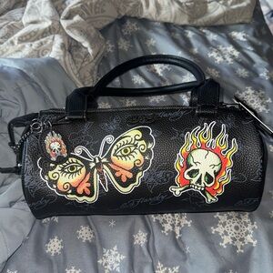 Ed Hardy Black Faux Leather Barrel Shoulder Bag Butterfly & Skull Tattoo NWT